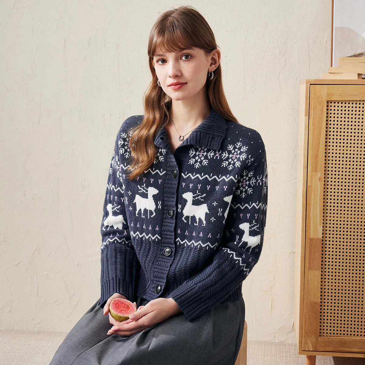 100% Wool Cozy Reindeer Knit Cardigan