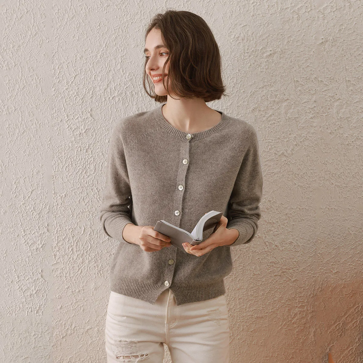 100% Wool Round Neck Cardigan Sweater