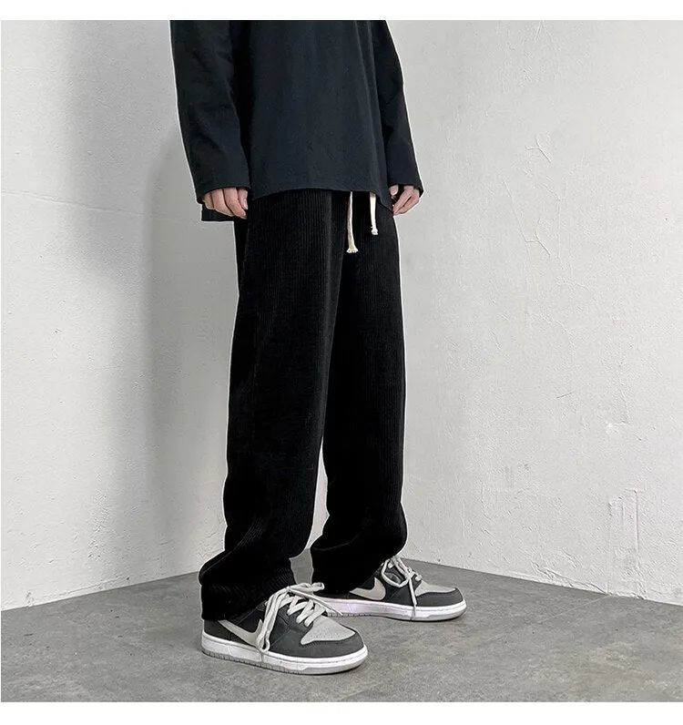 4 Colors Drawstring Corduroy Pants Men Fashion Cotton Casual Pants Men Streetwear Hip Hop Loose Straight Pants Mens Trousers