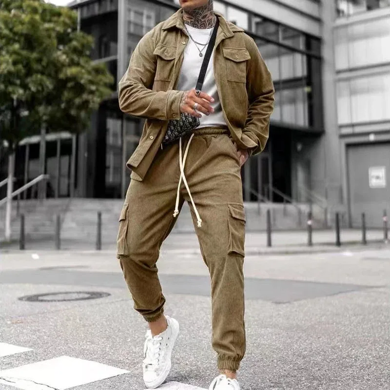 ADVBRIDGE Streetwear Spring Two Piece Corduroy Suit Mens Casual Long Sleeve Cargo Jacket&Pants Set For Men Fashion Tracksuit Men Clothing