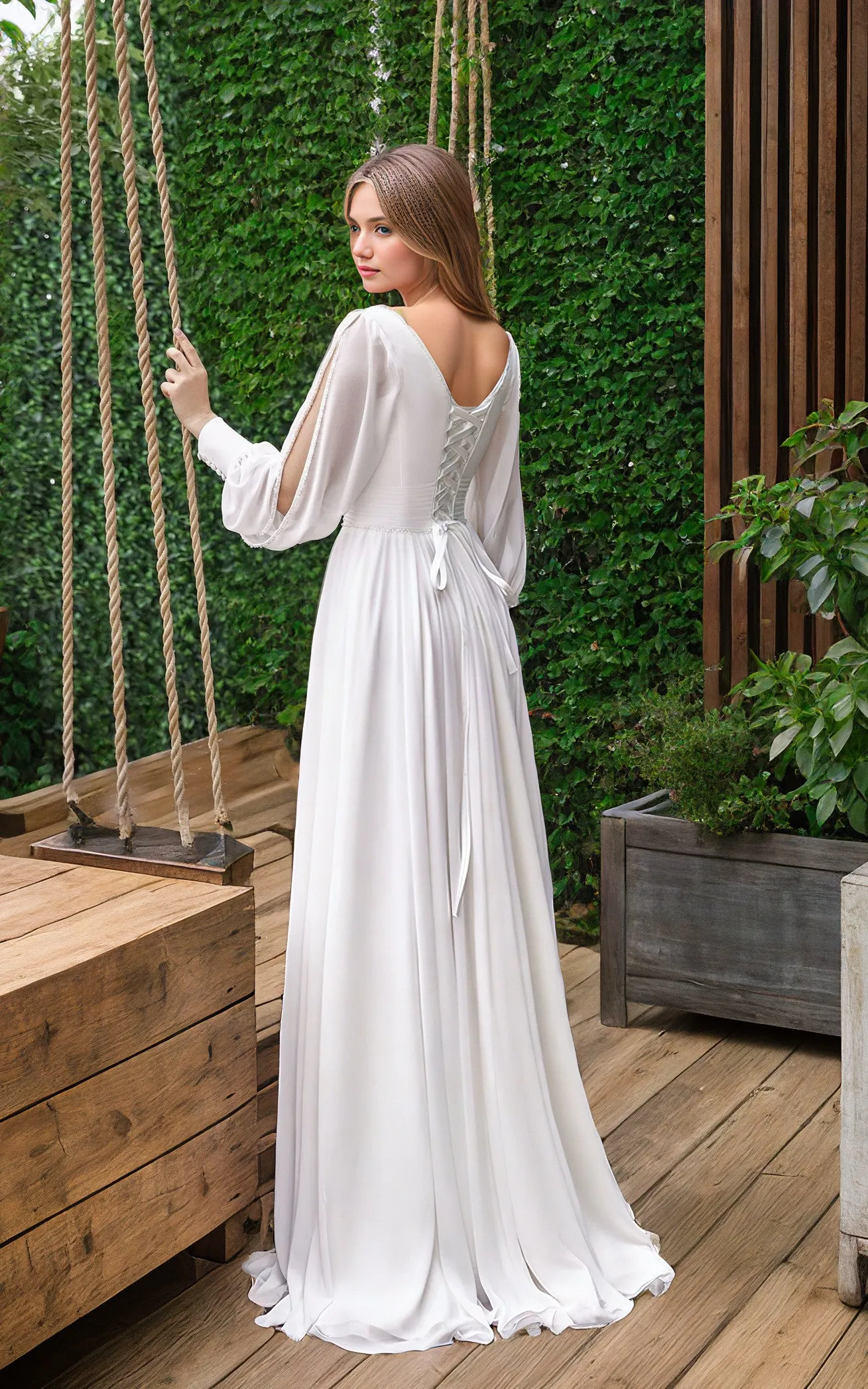 Airy Elegant Chiffon A-Line Corset Wedding Dress Simple Modern Plunging Neckline Poet Sleeves Backyard Bridal Gown