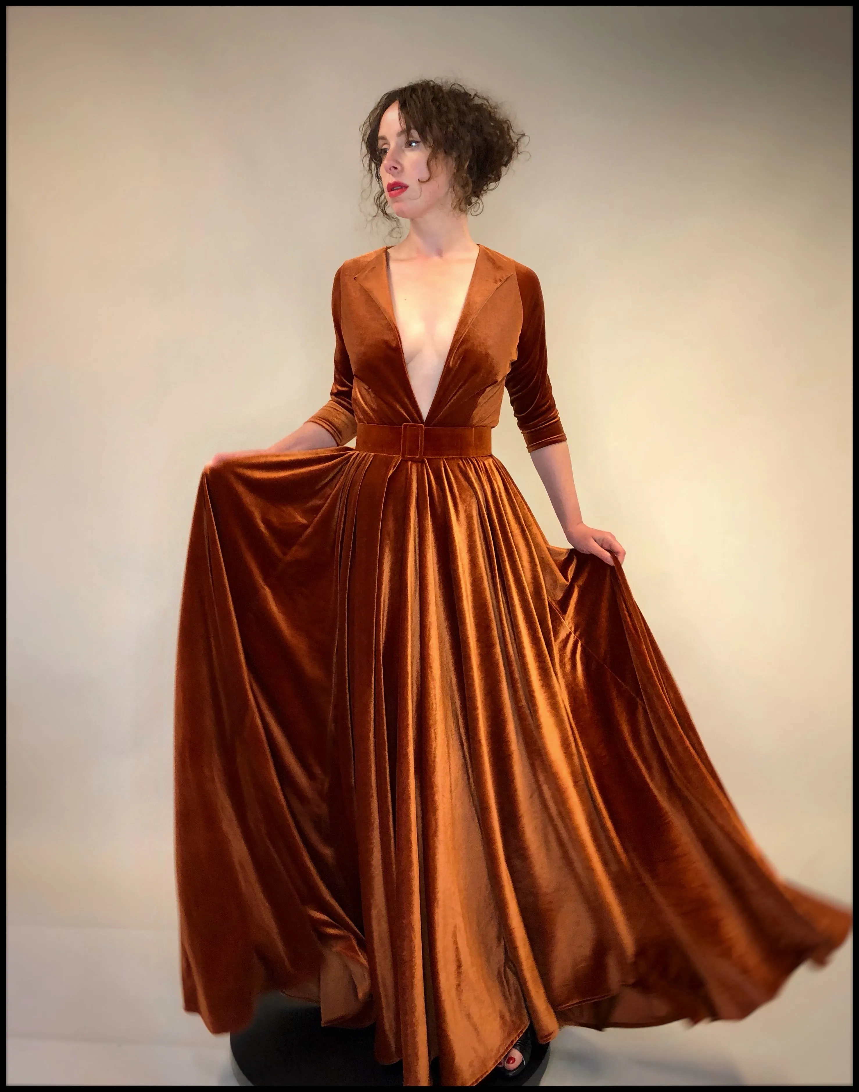 Amber - Burnt Orange Velvet Maxi Dress