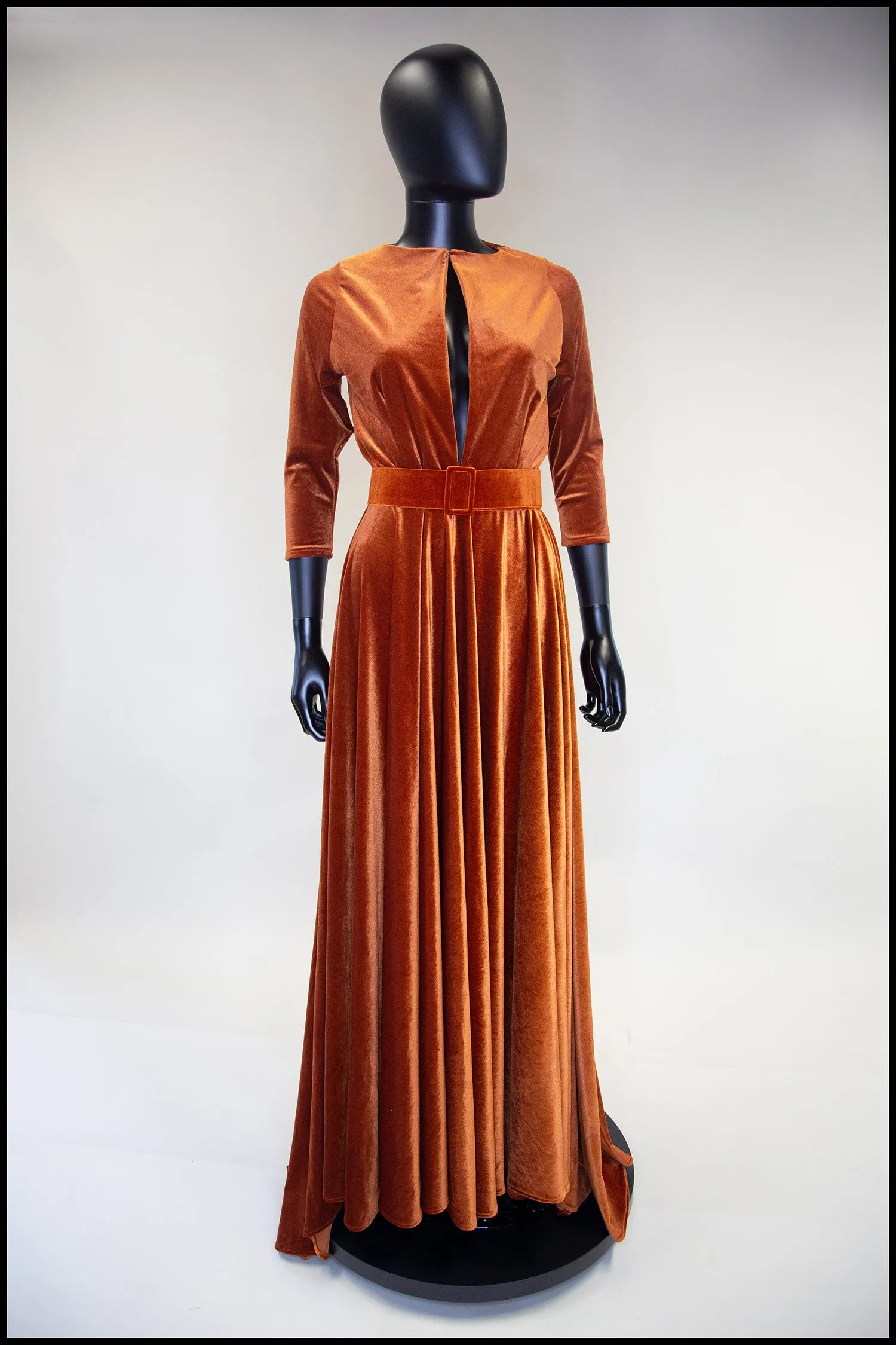 Amber - Burnt Orange Velvet Maxi Dress