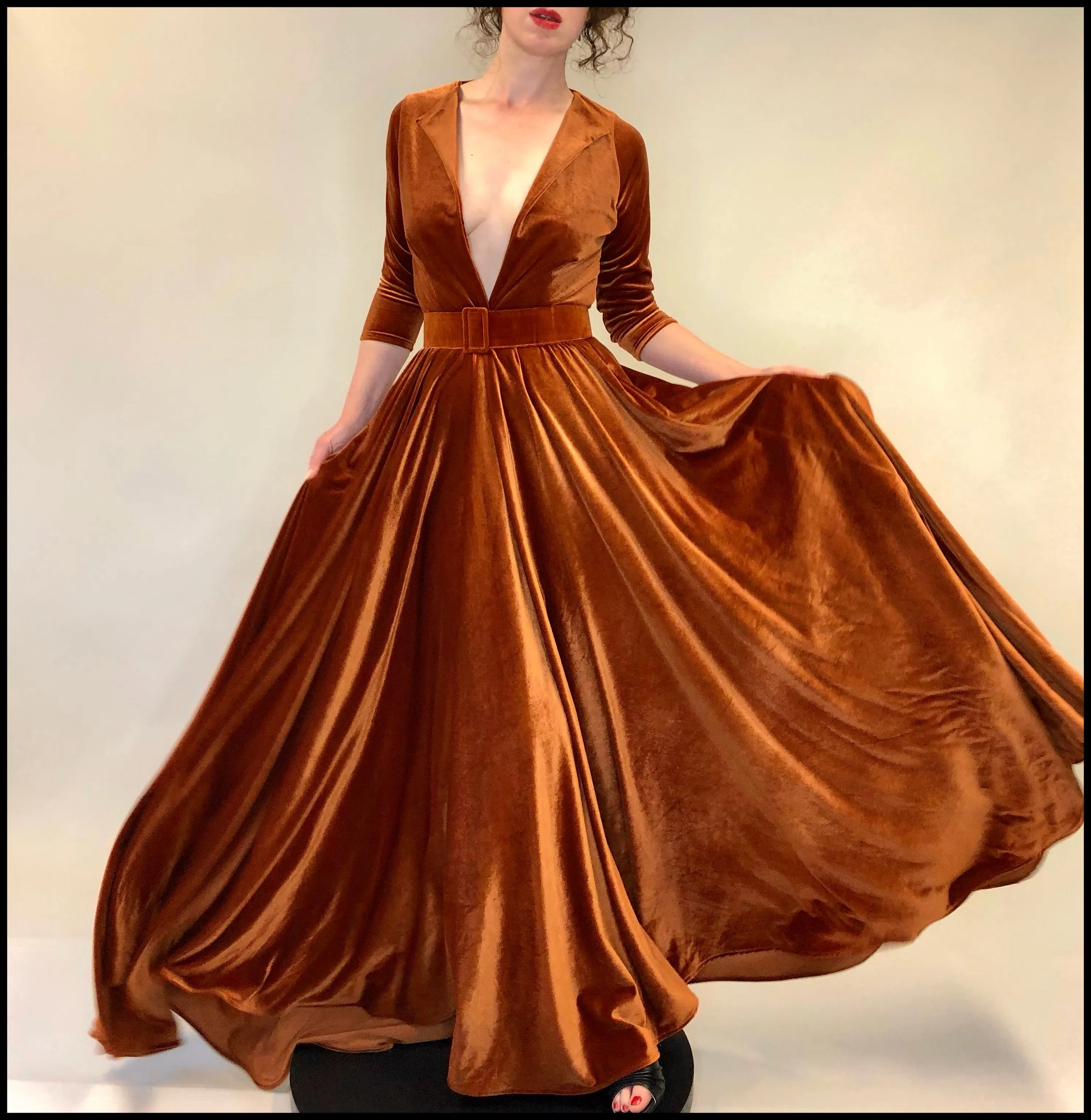 Amber - Burnt Orange Velvet Maxi Dress