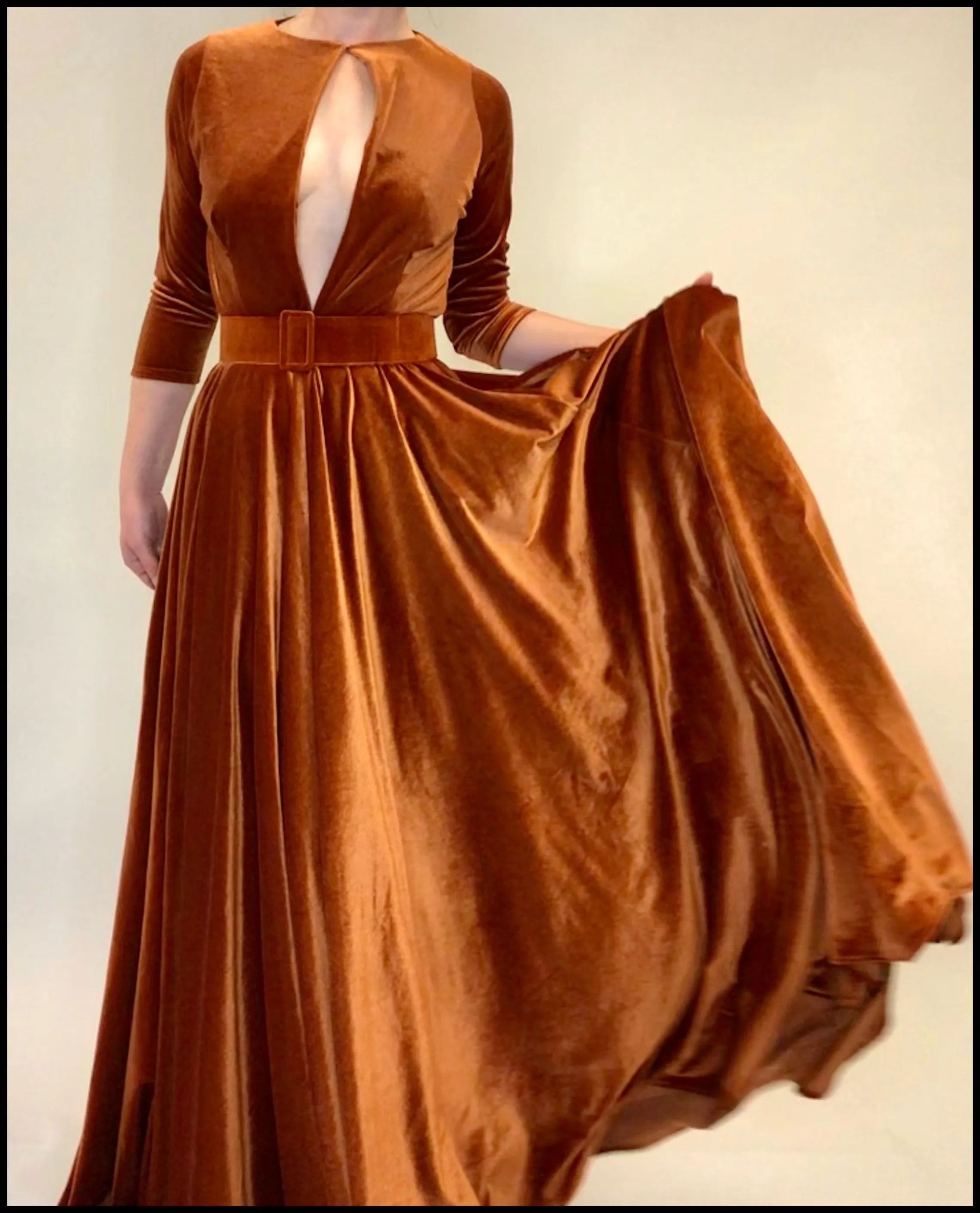 Amber - Burnt Orange Velvet Maxi Dress