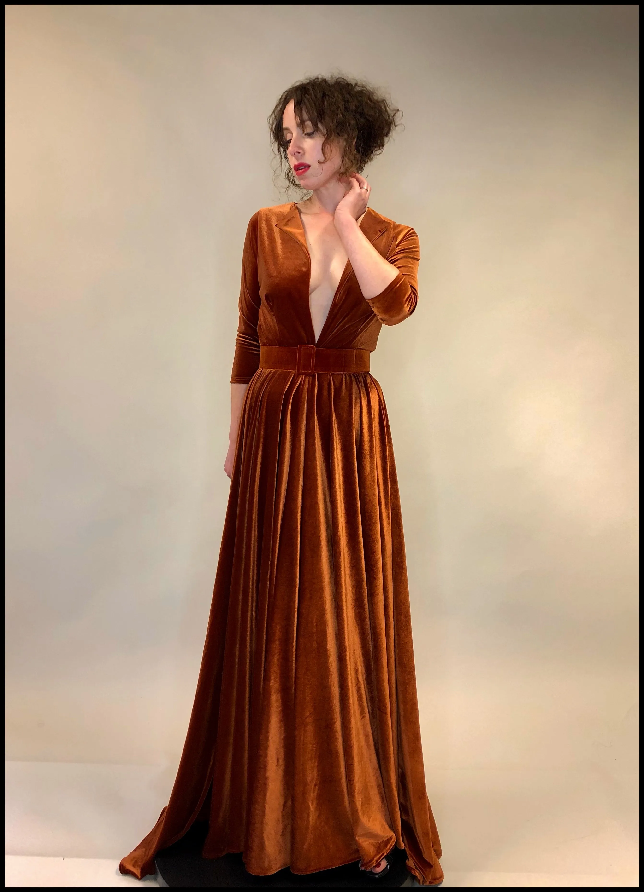 Amber - Burnt Orange Velvet Maxi Dress