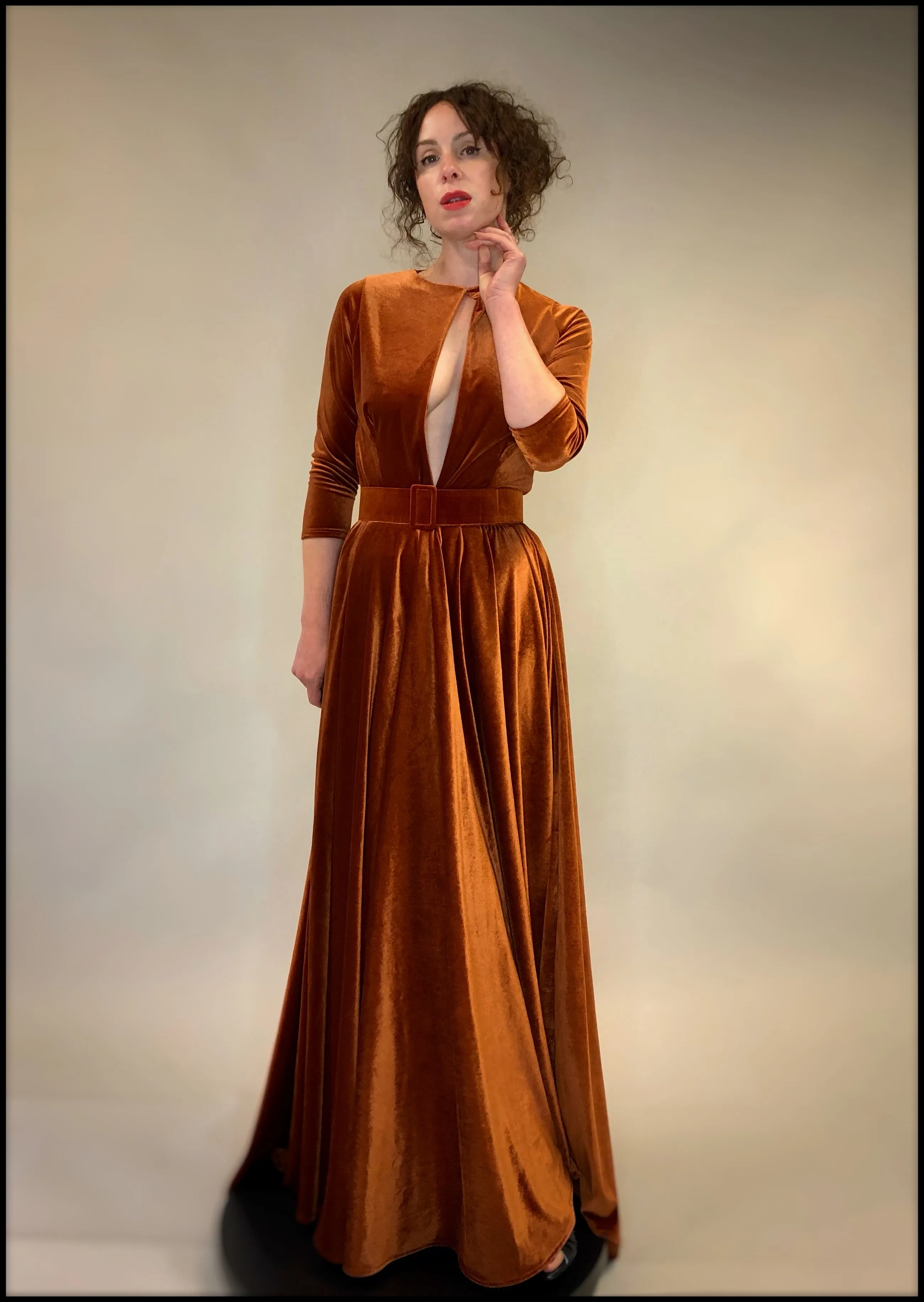 Amber - Burnt Orange Velvet Maxi Dress