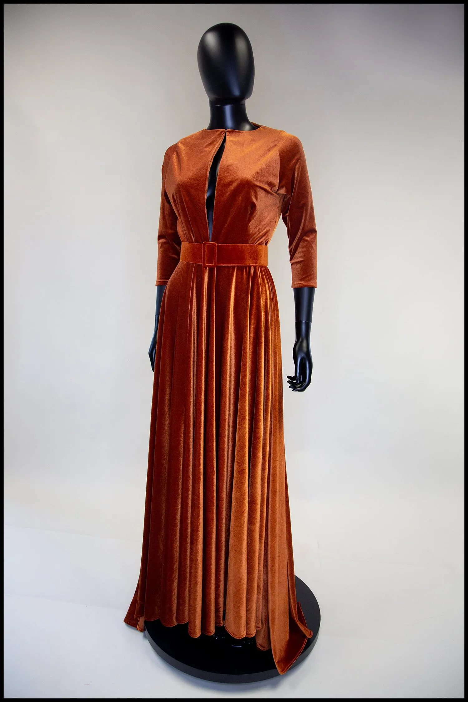 Amber - Burnt Orange Velvet Maxi Dress