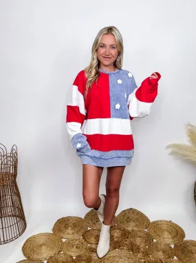 American Flag Vintage Oversized Pullover Sweatshirt in Red, White and Blue