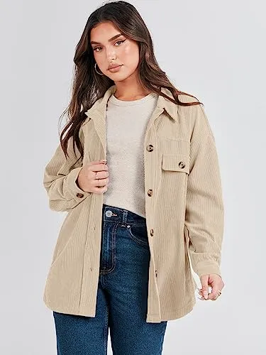 ANRABESS Womens Corduroy Shacket Button Down Shirts Oversized Long Sleeve Casual Cardigan Jacket 2024 Fall Fashion Clothes Green Medium