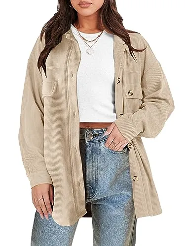 ANRABESS Womens Corduroy Shacket Button Down Shirts Oversized Long Sleeve Casual Cardigan Jacket 2024 Fall Fashion Clothes Green Medium