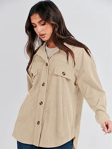 ANRABESS Womens Corduroy Shacket Button Down Shirts Oversized Long Sleeve Casual Cardigan Jacket 2024 Fall Fashion Clothes Green Medium