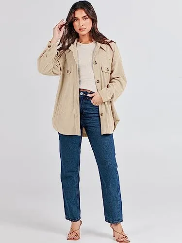 ANRABESS Womens Corduroy Shacket Button Down Shirts Oversized Long Sleeve Casual Cardigan Jacket 2024 Fall Fashion Clothes Green Medium