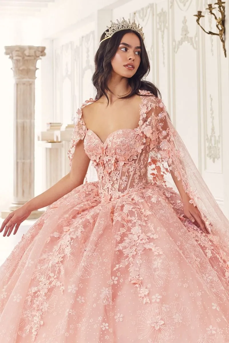 AZALINA Sheer Capelet Floral Applique Quinceañera Ball Gown Dress