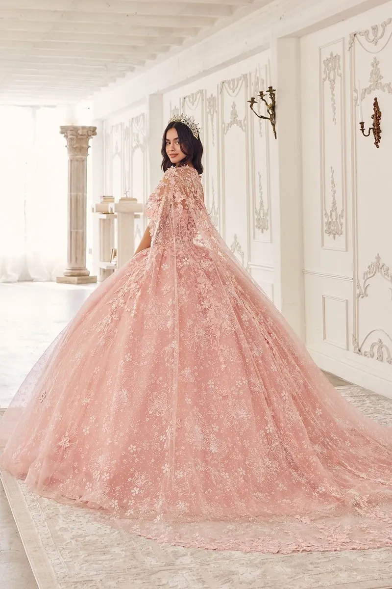 AZALINA Sheer Capelet Floral Applique Quinceañera Ball Gown Dress