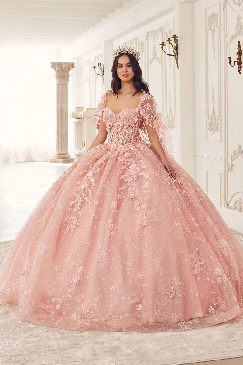 AZALINA Sheer Capelet Floral Applique Quinceañera Ball Gown Dress