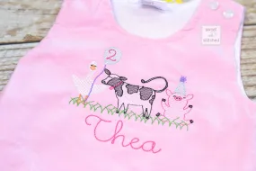 Baby girl monogrammed farm animal birthday jumper dress, monogrammed farm birthday party outfit, cow birthday cake smash