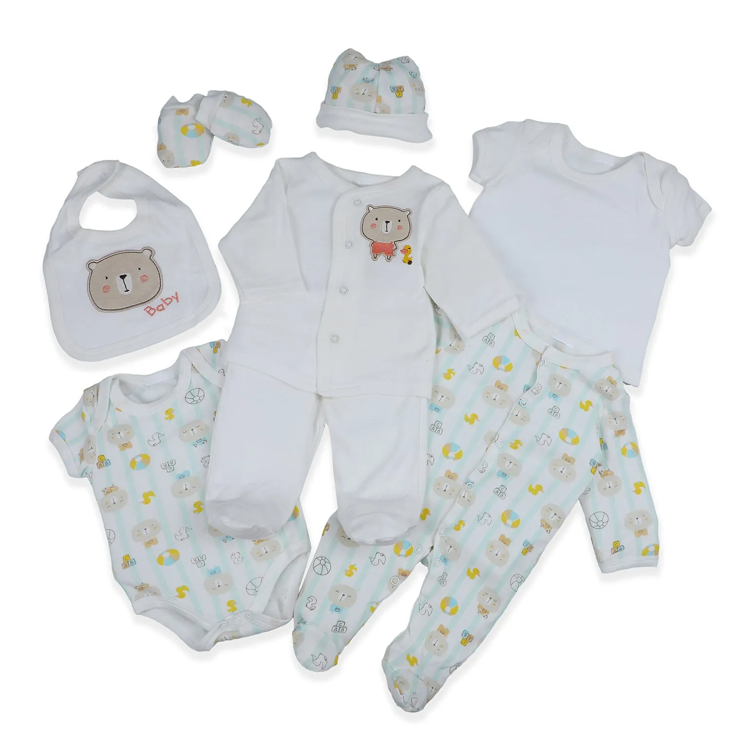 Baby Moo Cute Animal Embroidered Cotton Infant Essentials 8 pcs Romper Gift Set - White