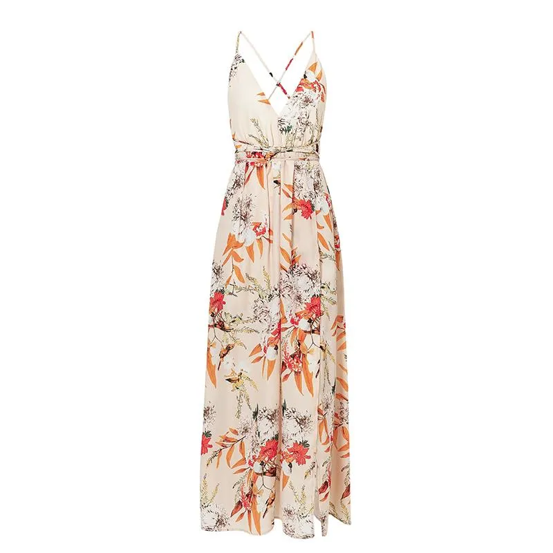 Backless Boho Floral Print Long Dress Chiffon Summer Maxi Dress