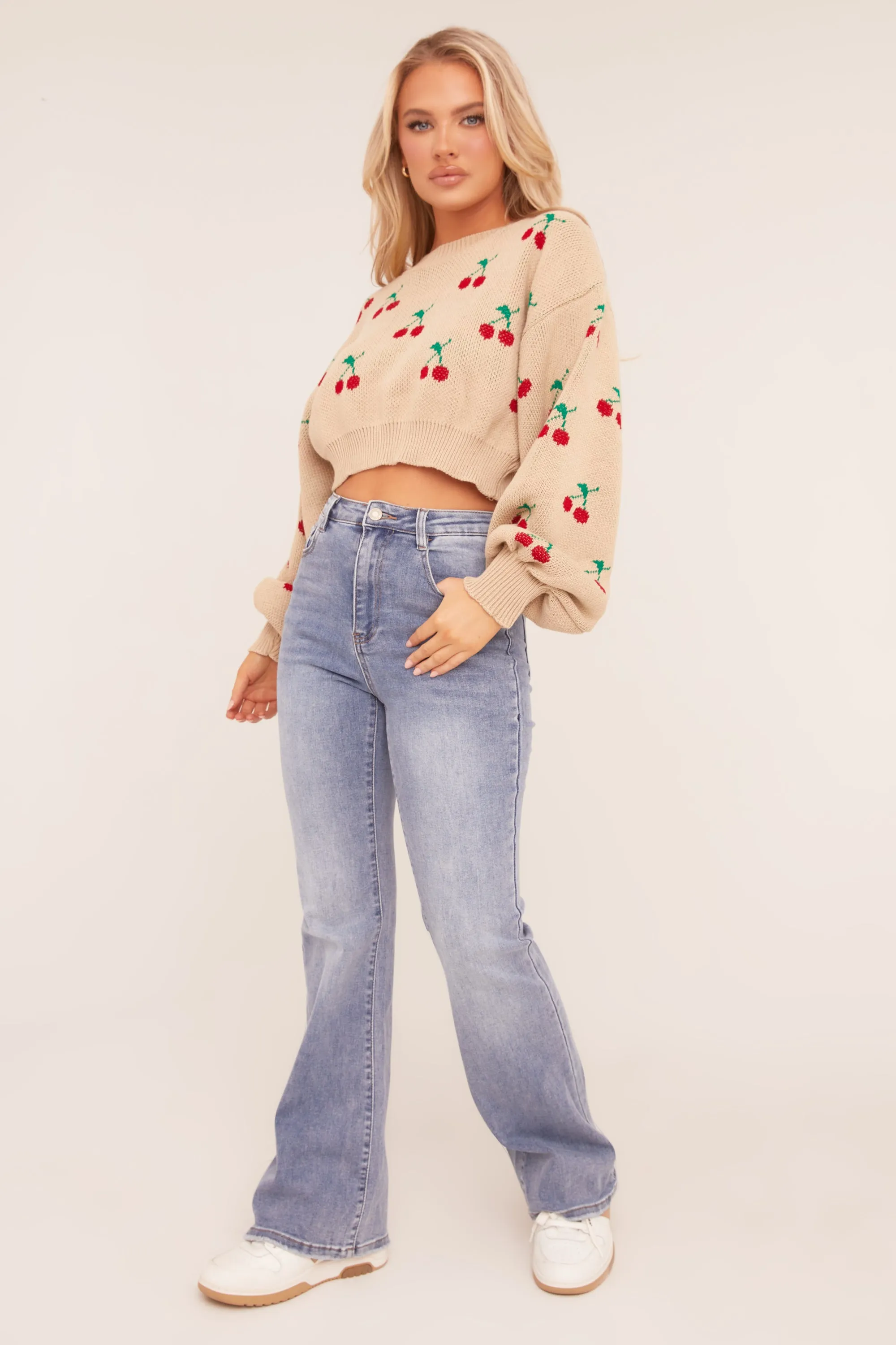 Beige Cherry Print Cropped Jumper - Emaline