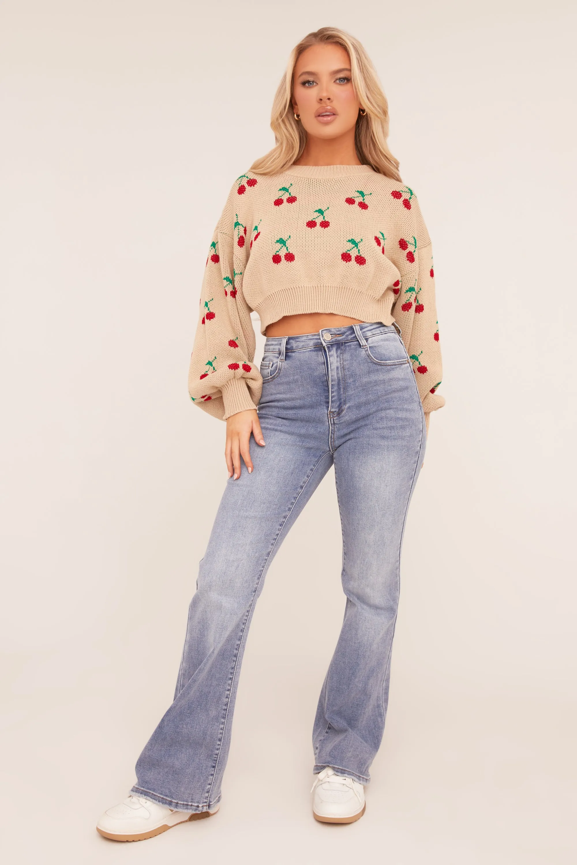 Beige Cherry Print Cropped Jumper - Emaline