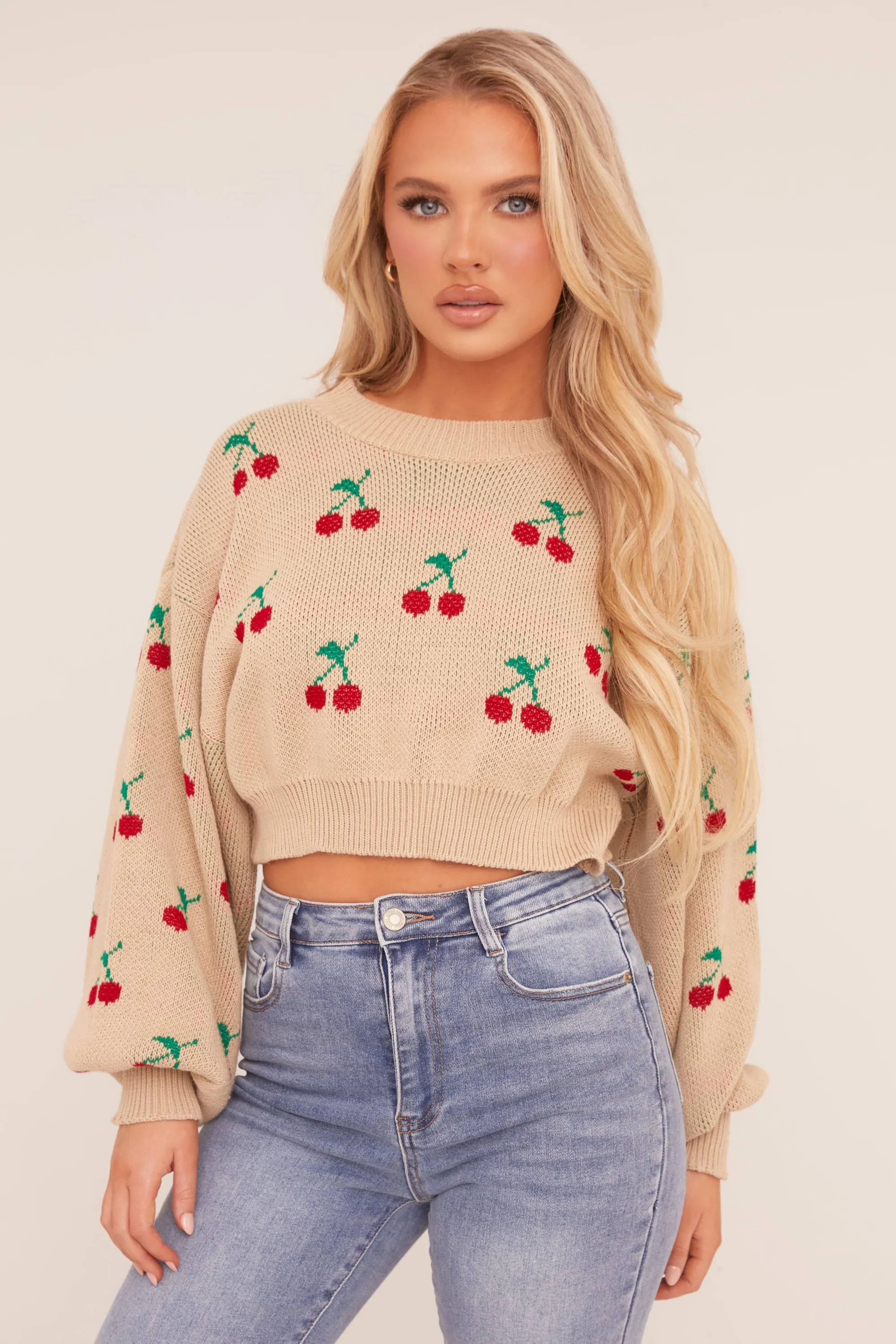 Beige Cherry Print Cropped Jumper - Emaline