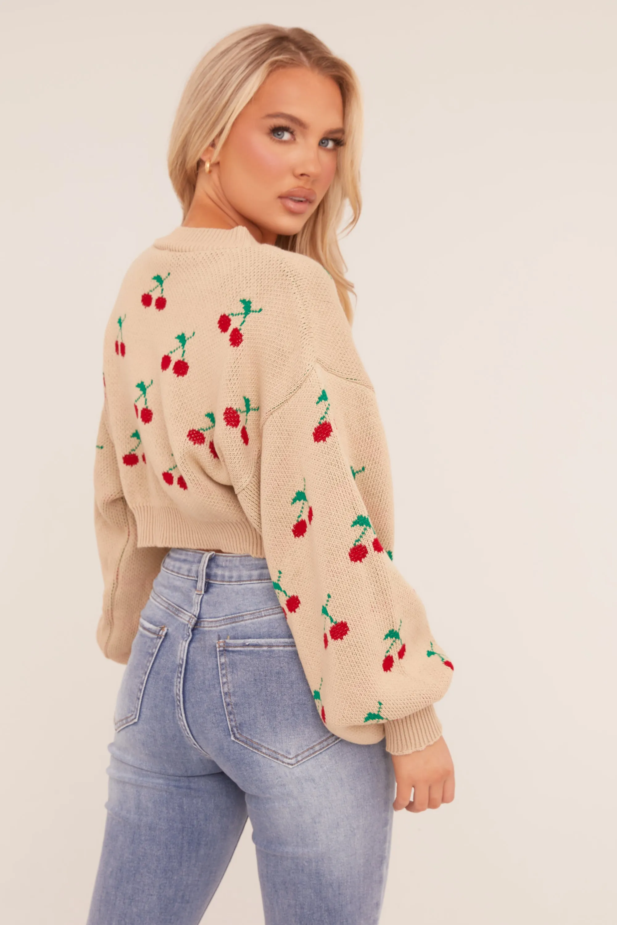 Beige Cherry Print Cropped Jumper - Emaline