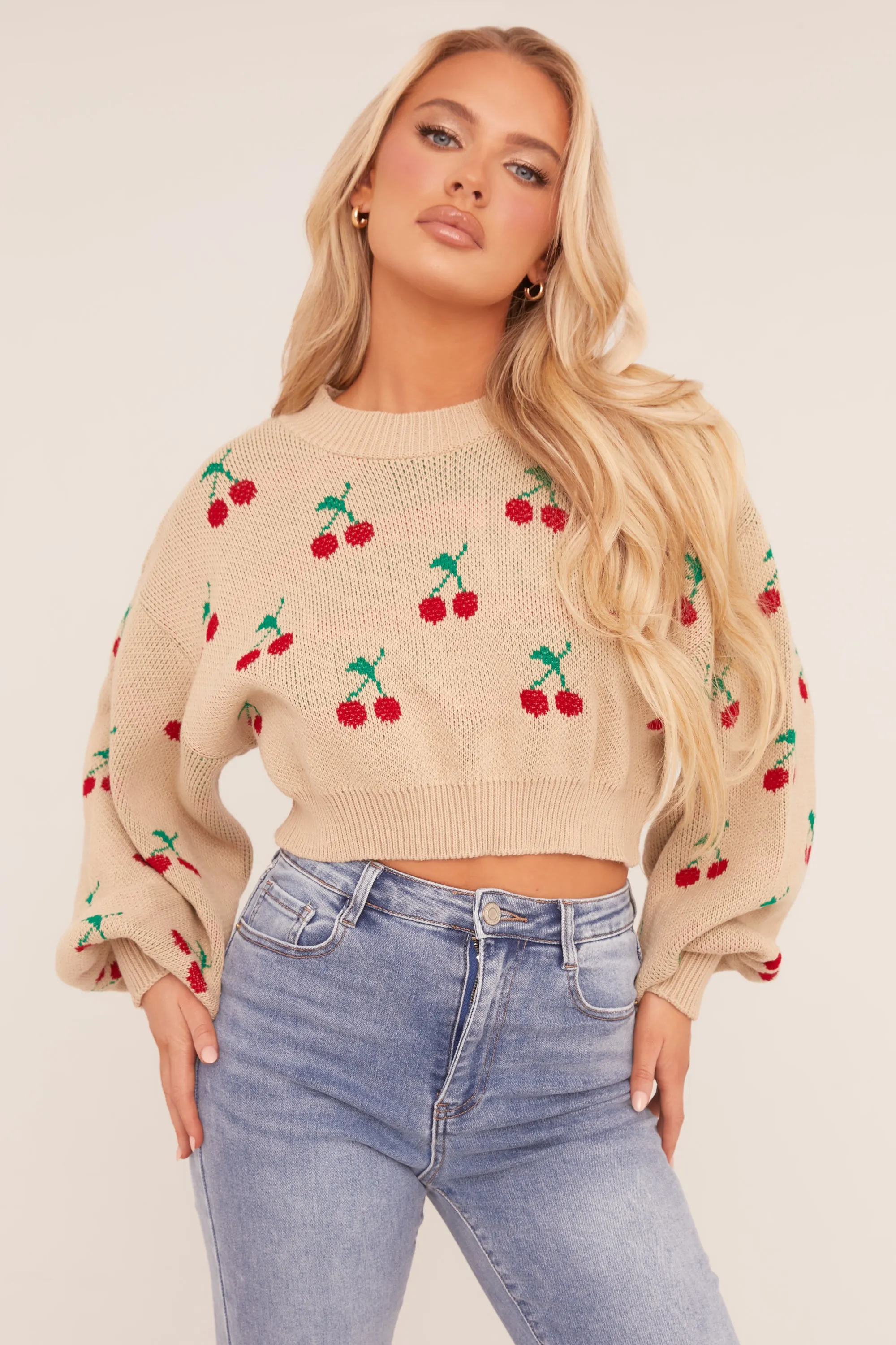 Beige Cherry Print Cropped Jumper - Emaline