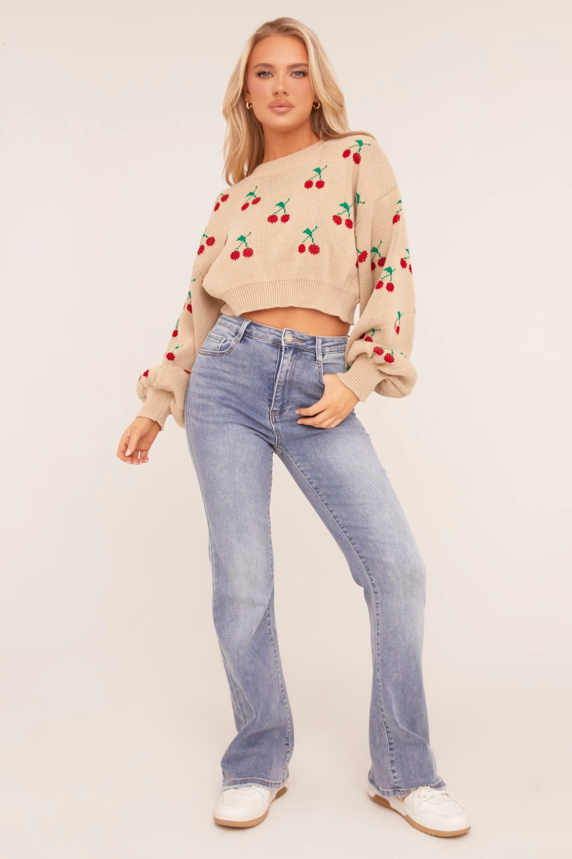 Beige Cherry Print Cropped Jumper - Emaline