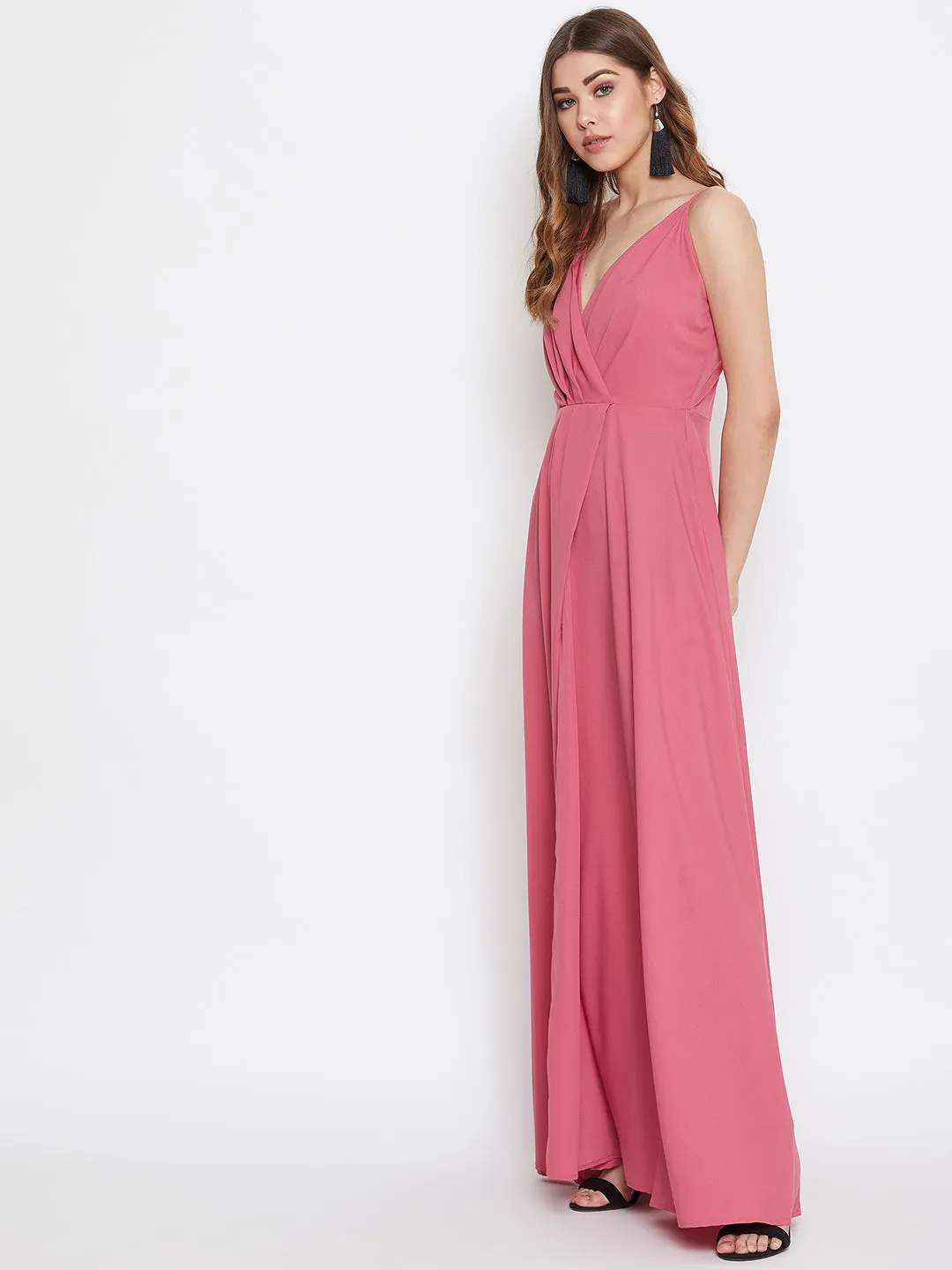 Berrylush Women Solid Pink V-Neck Sleeveless Thigh-High Slit Flared Maxi Dress