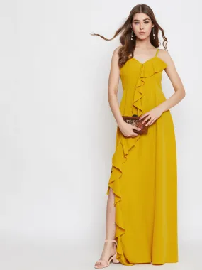 Berrylush Women Solid Yellow Front Frill V-Neck Thigh-High Slit Maxi Dress