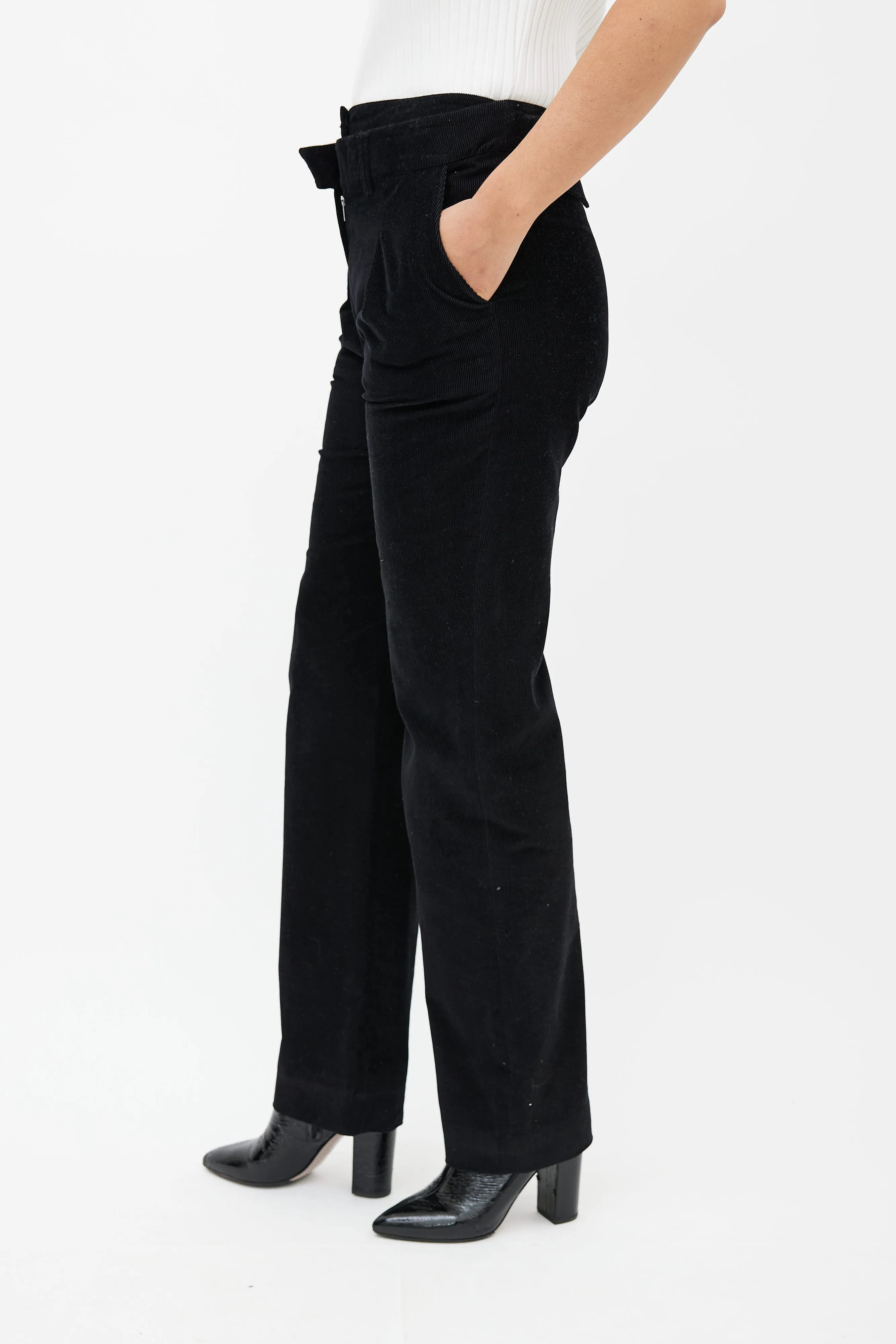 Black Corduroy Double Waist Panel Trouser