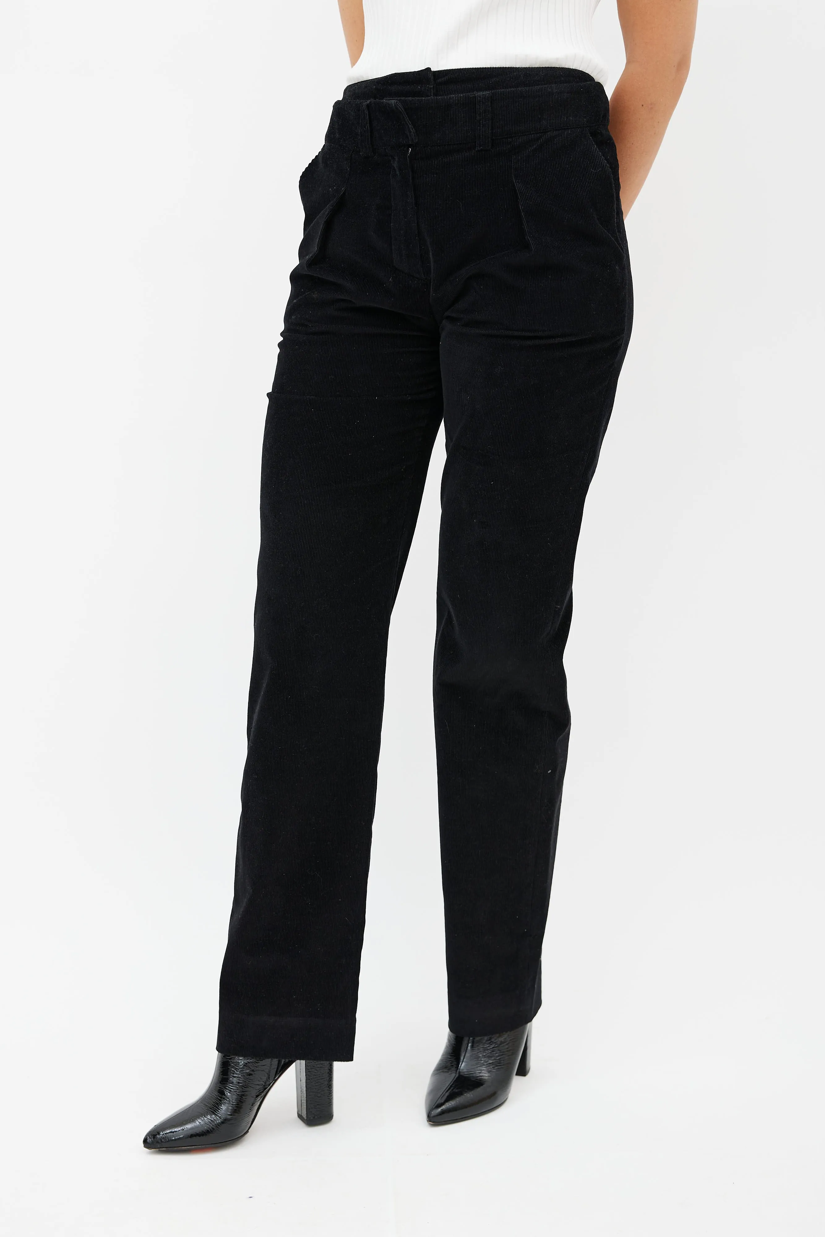 Black Corduroy Double Waist Panel Trouser