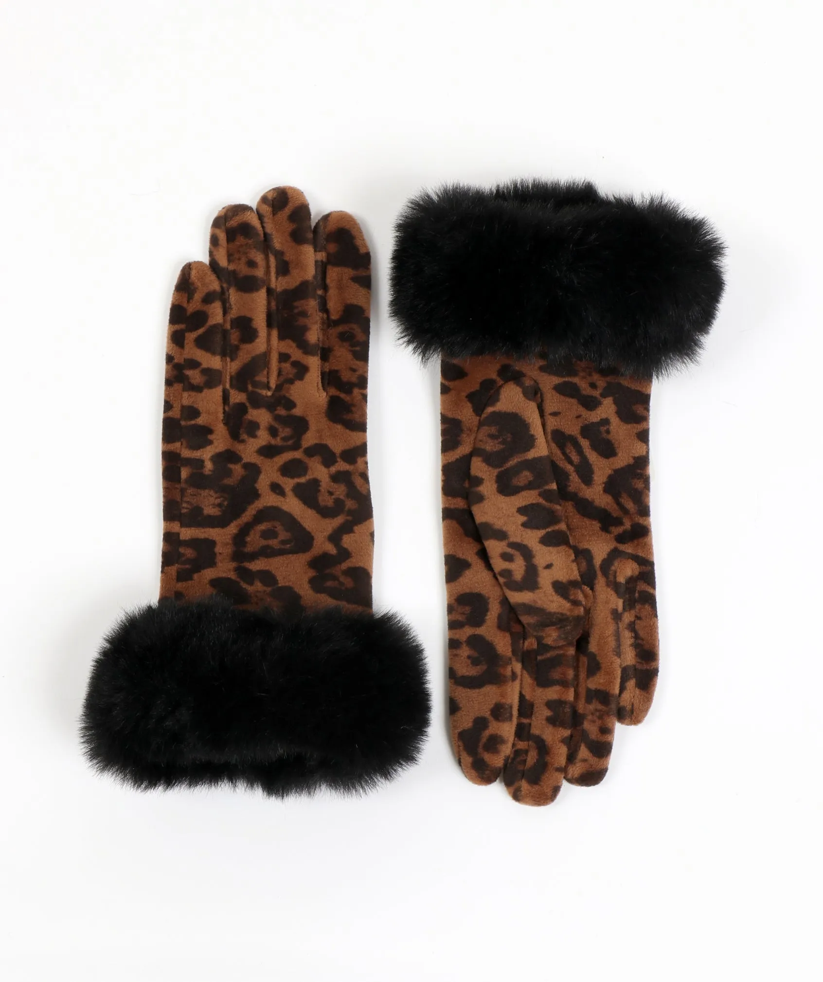 Black Tan Leopard Print Gloves with Faux Fur Cuffs