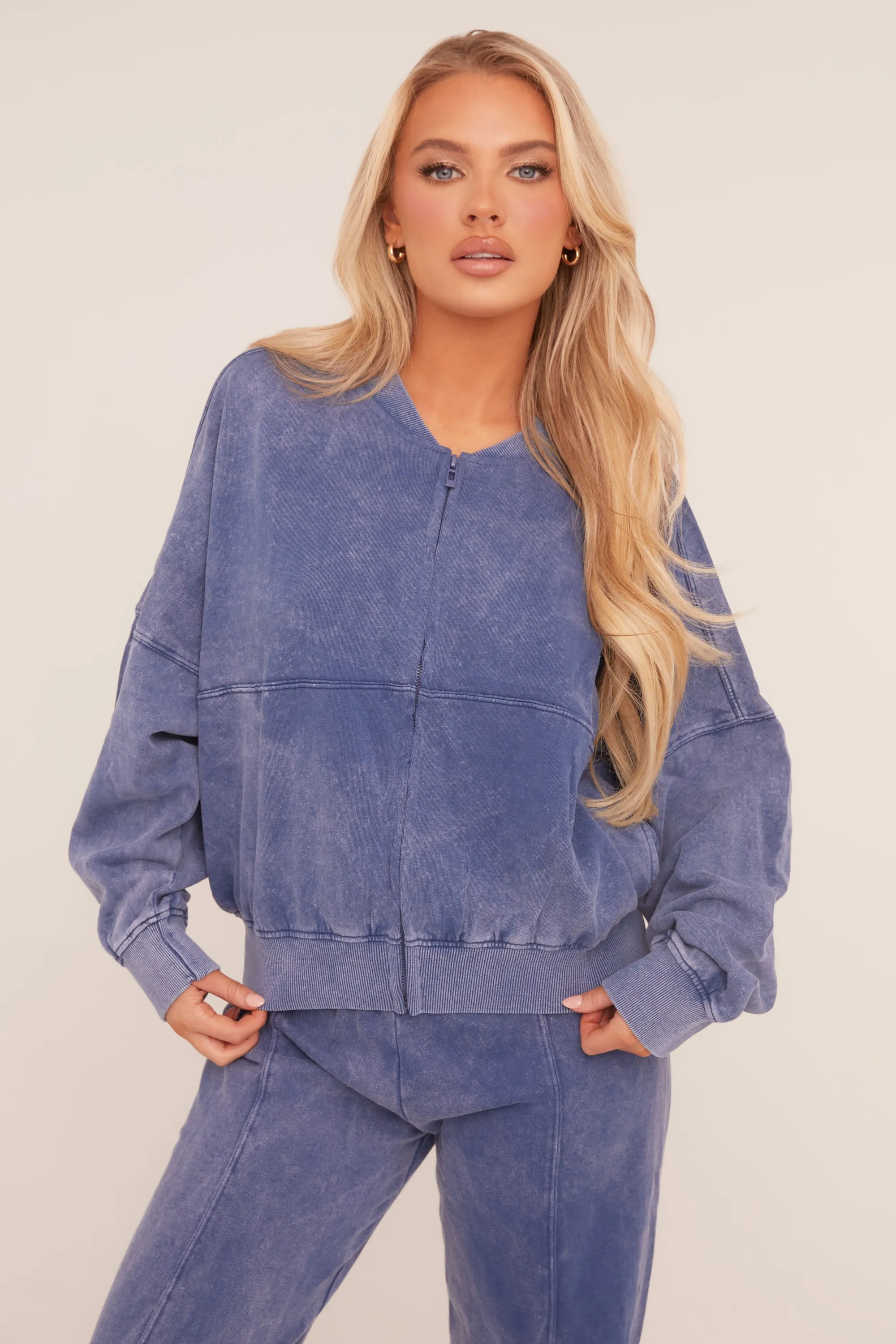 Blue Washed Effect Zip Front Bomber & Joggers Loungewear Co-ord Set - Kamila