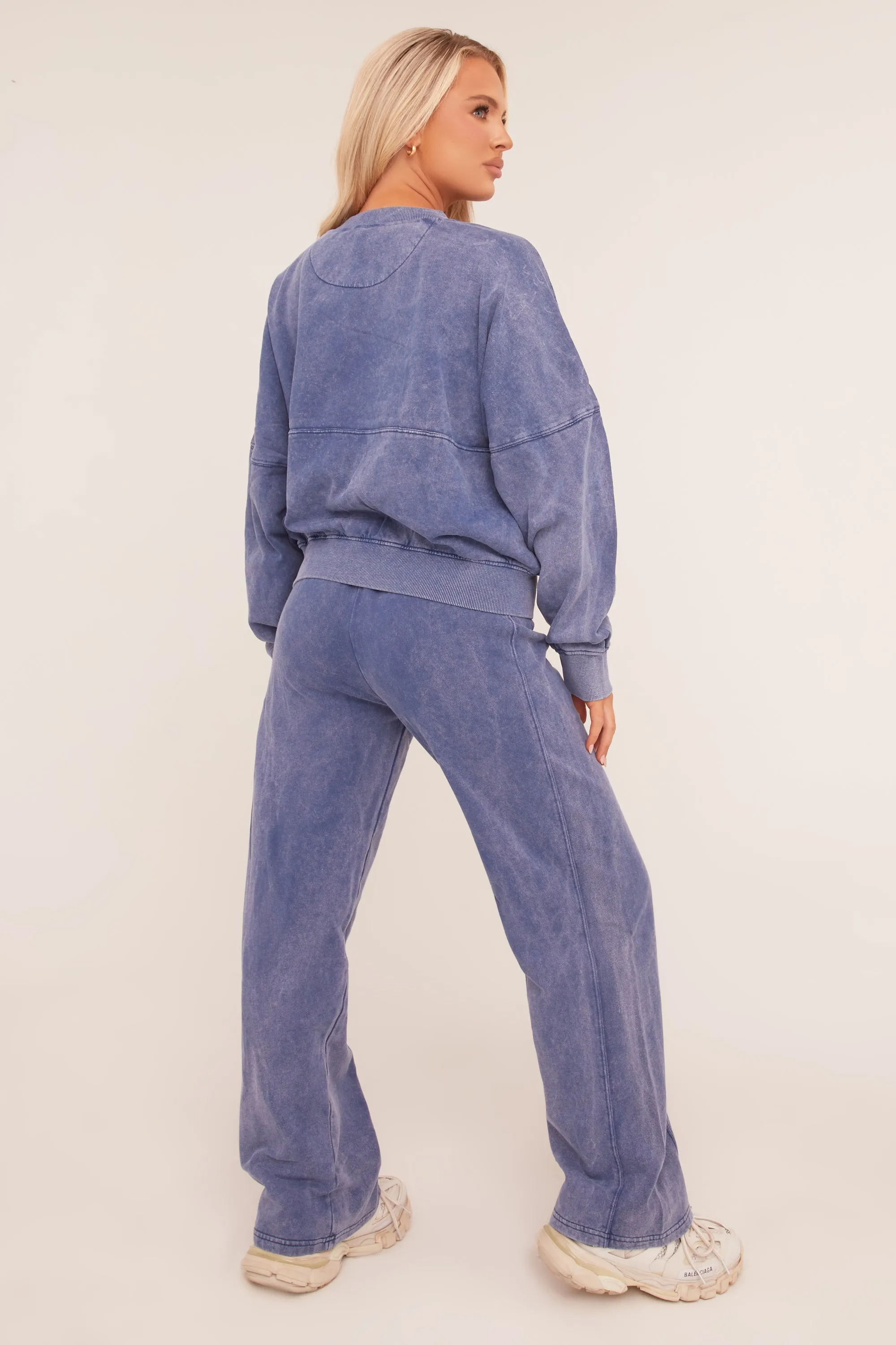 Blue Washed Effect Zip Front Bomber & Joggers Loungewear Co-ord Set - Kamila