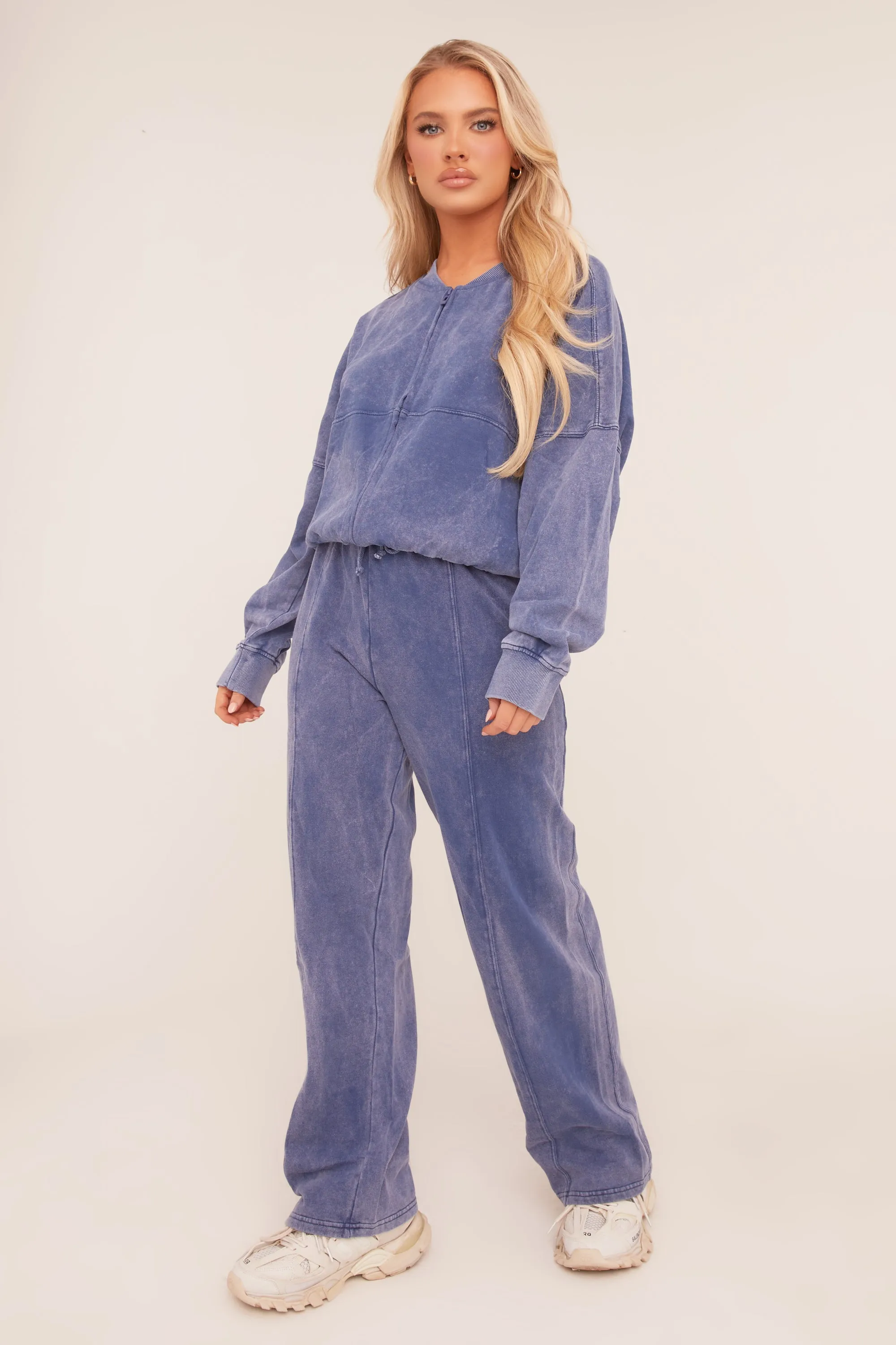 Blue Washed Effect Zip Front Bomber & Joggers Loungewear Co-ord Set - Kamila