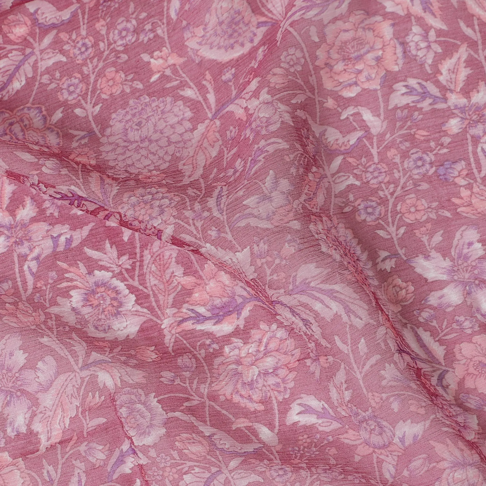 Blush Rose Pure Wrinkle Silk Chiffon Fabric - Vintage Floral Print, 110cm Width - Buy Online by the Meter-D18052