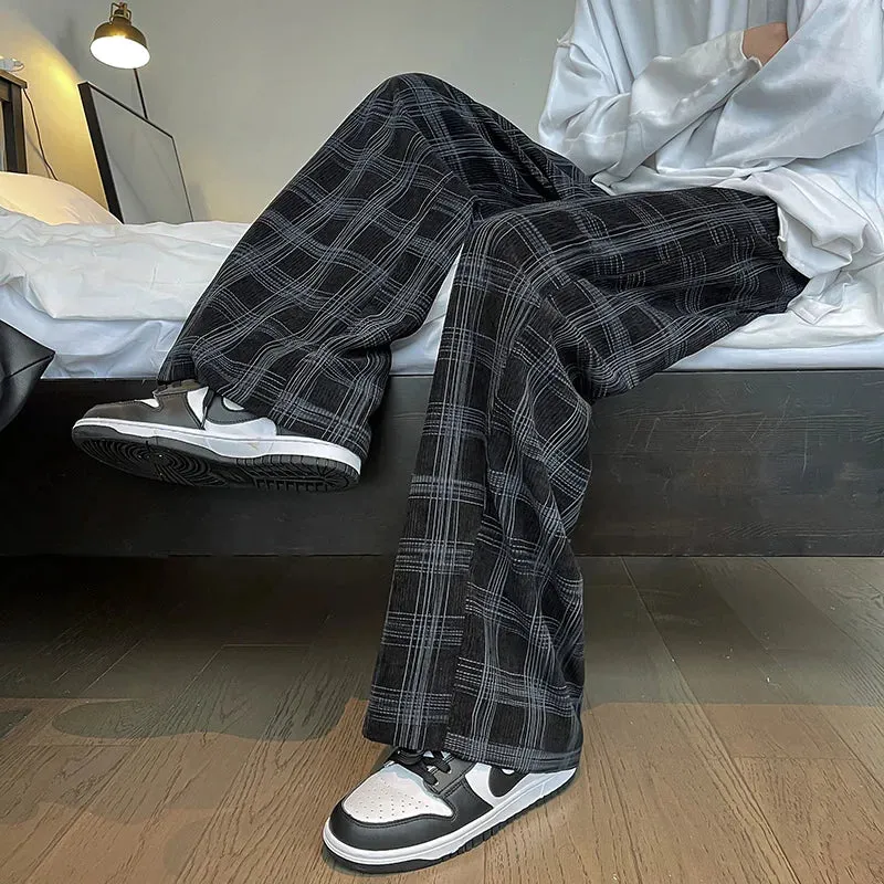 BONSIR  -  Men's Plaid Corduroy Pants Spring Male Straight All-match Pants Unisex Casual Sweatpants Streetwear Oversize Sport Trousers Wide