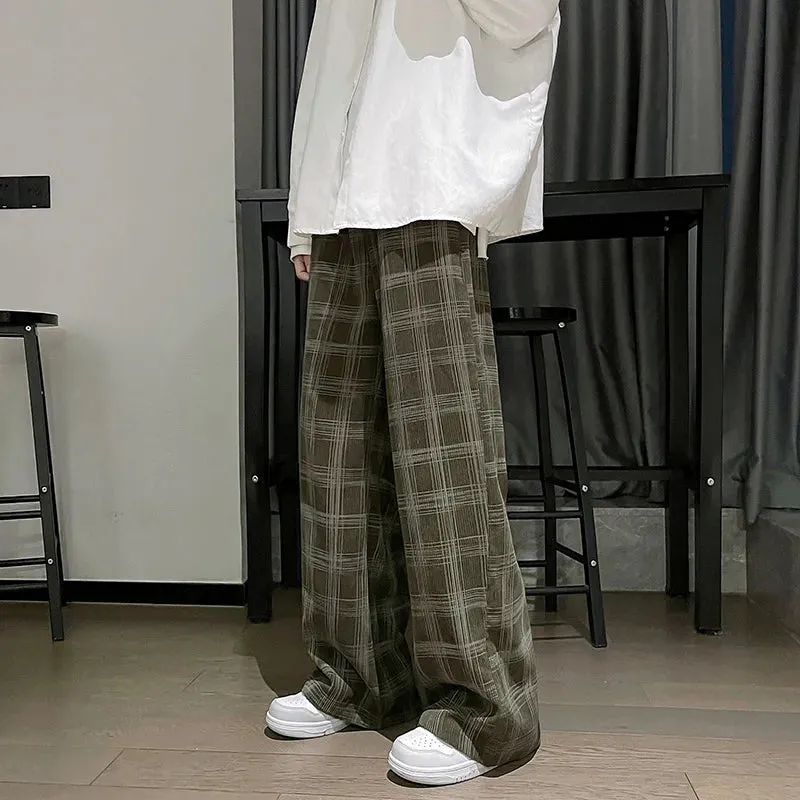 BONSIR  -  Men's Plaid Corduroy Pants Spring Male Straight All-match Pants Unisex Casual Sweatpants Streetwear Oversize Sport Trousers Wide