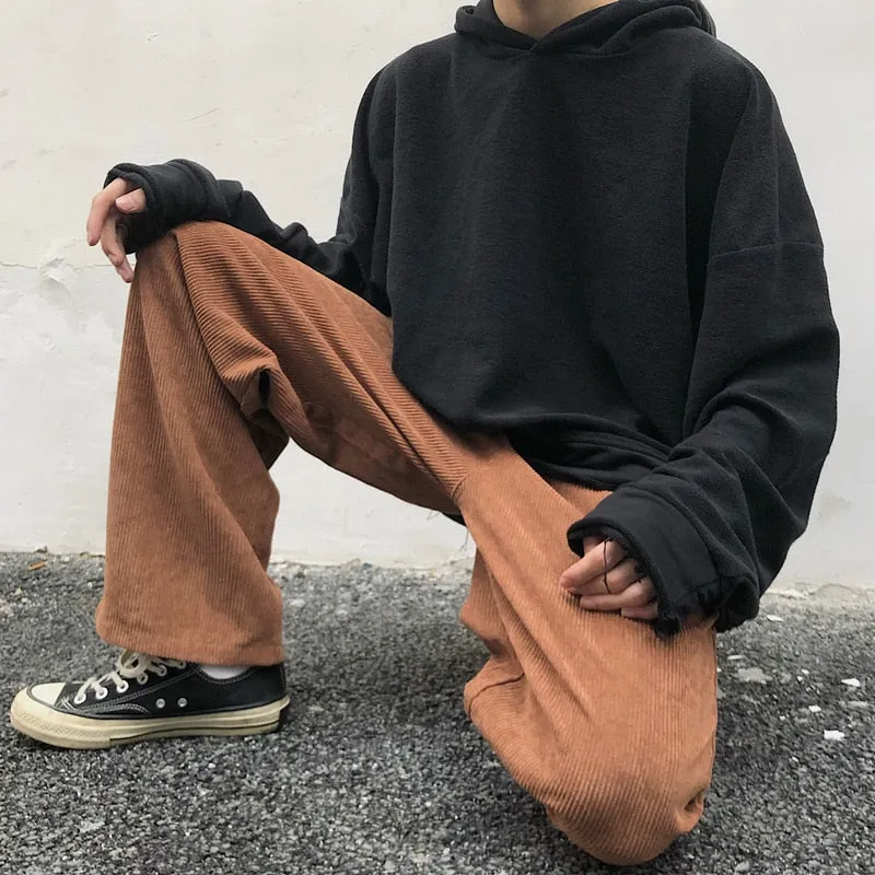 Bonsir Spring Corduroy Pants Men's Fashion Solid Color Retro Straight Pants Men Streetwear Wild Loose Hip Hop Trousers Mens Overalls