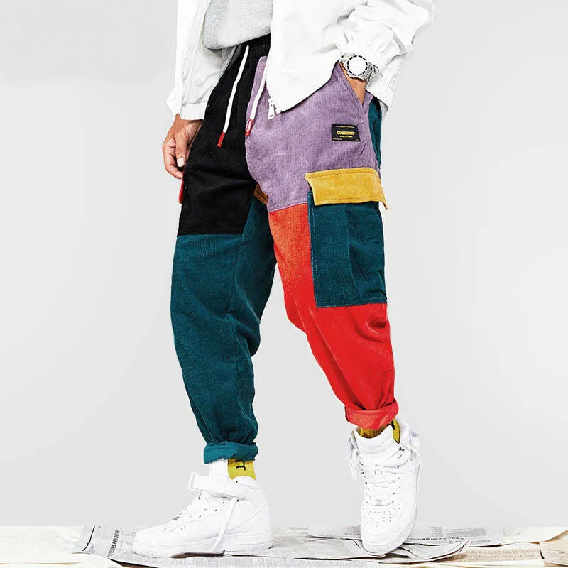 Brick Colour Block Patchwork Corduroy Streetwear Men Cargo Pants