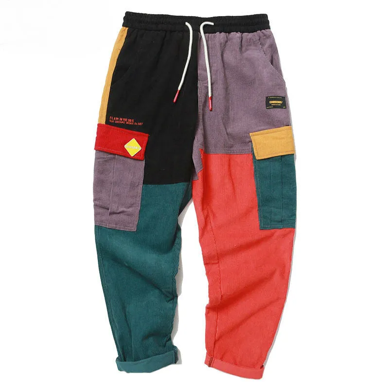 Brick Colour Block Patchwork Corduroy Streetwear Men Cargo Pants