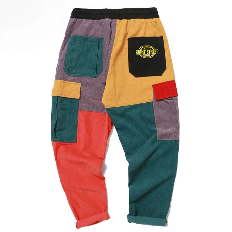 Brick Colour Block Patchwork Corduroy Streetwear Men Cargo Pants