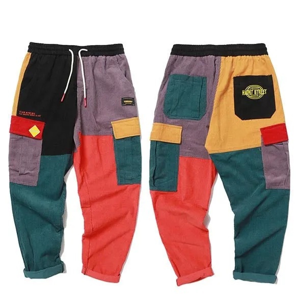 Brick Colour Block Patchwork Corduroy Streetwear Men Cargo Pants