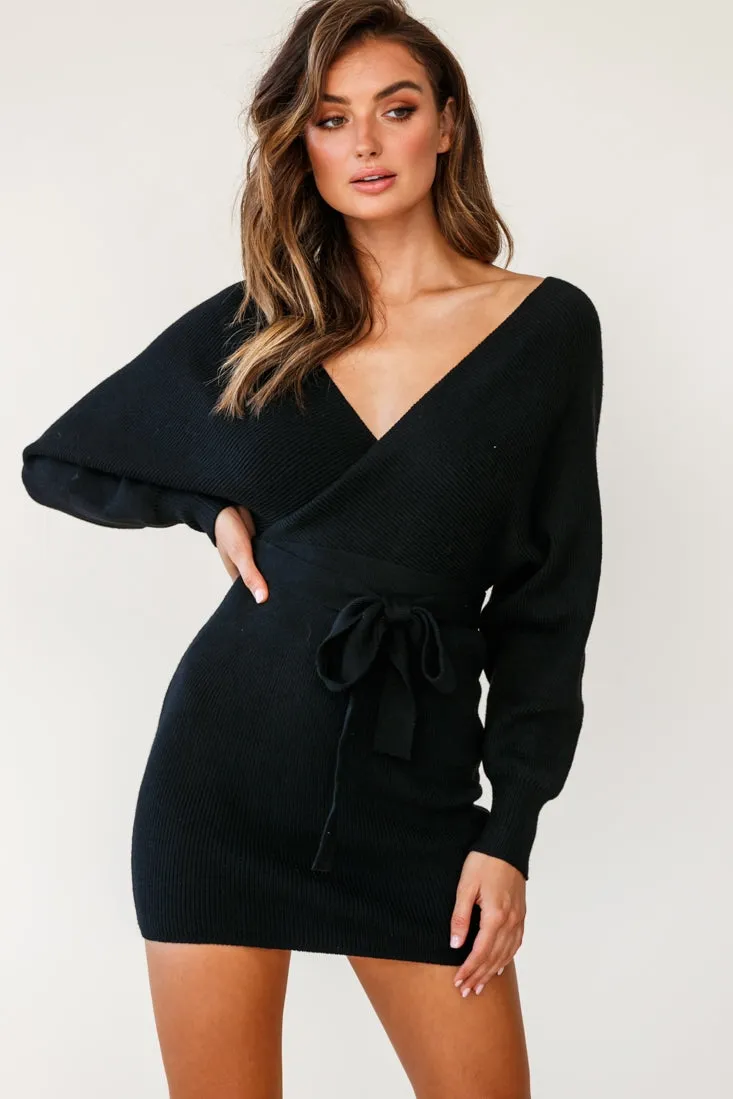 Cameo Batwing Knit Dress Black