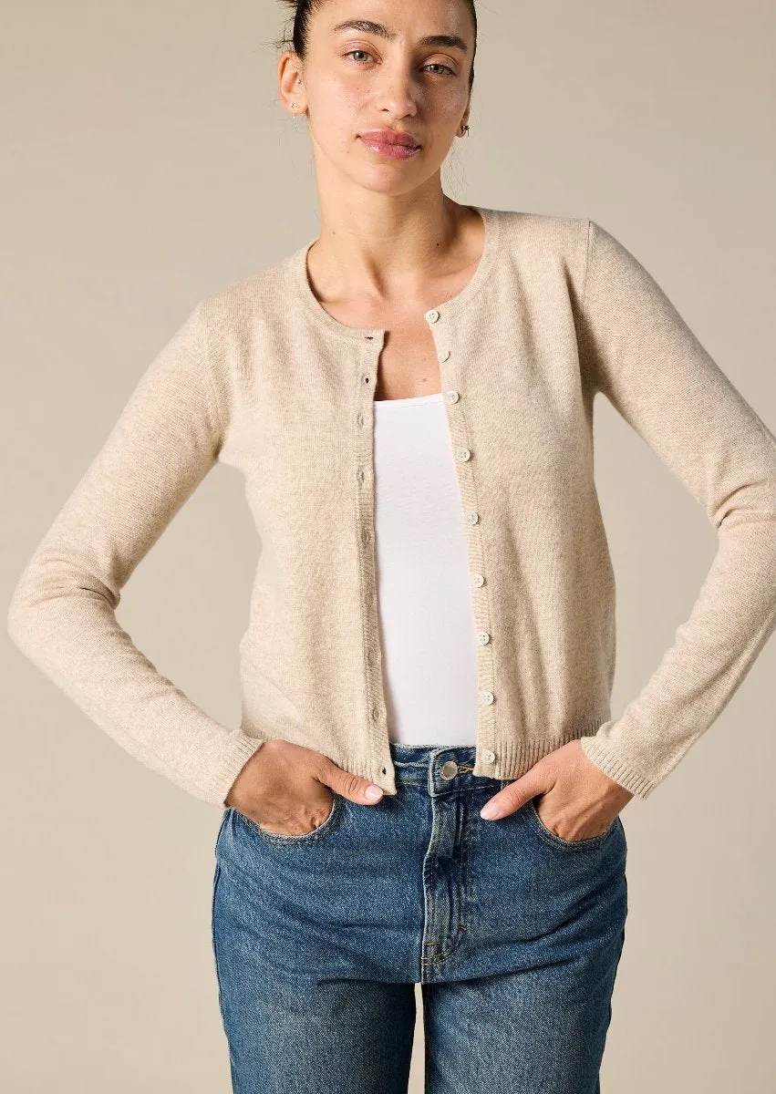 Cashmere Ines Crew Cardigan in Pale Marle Beige