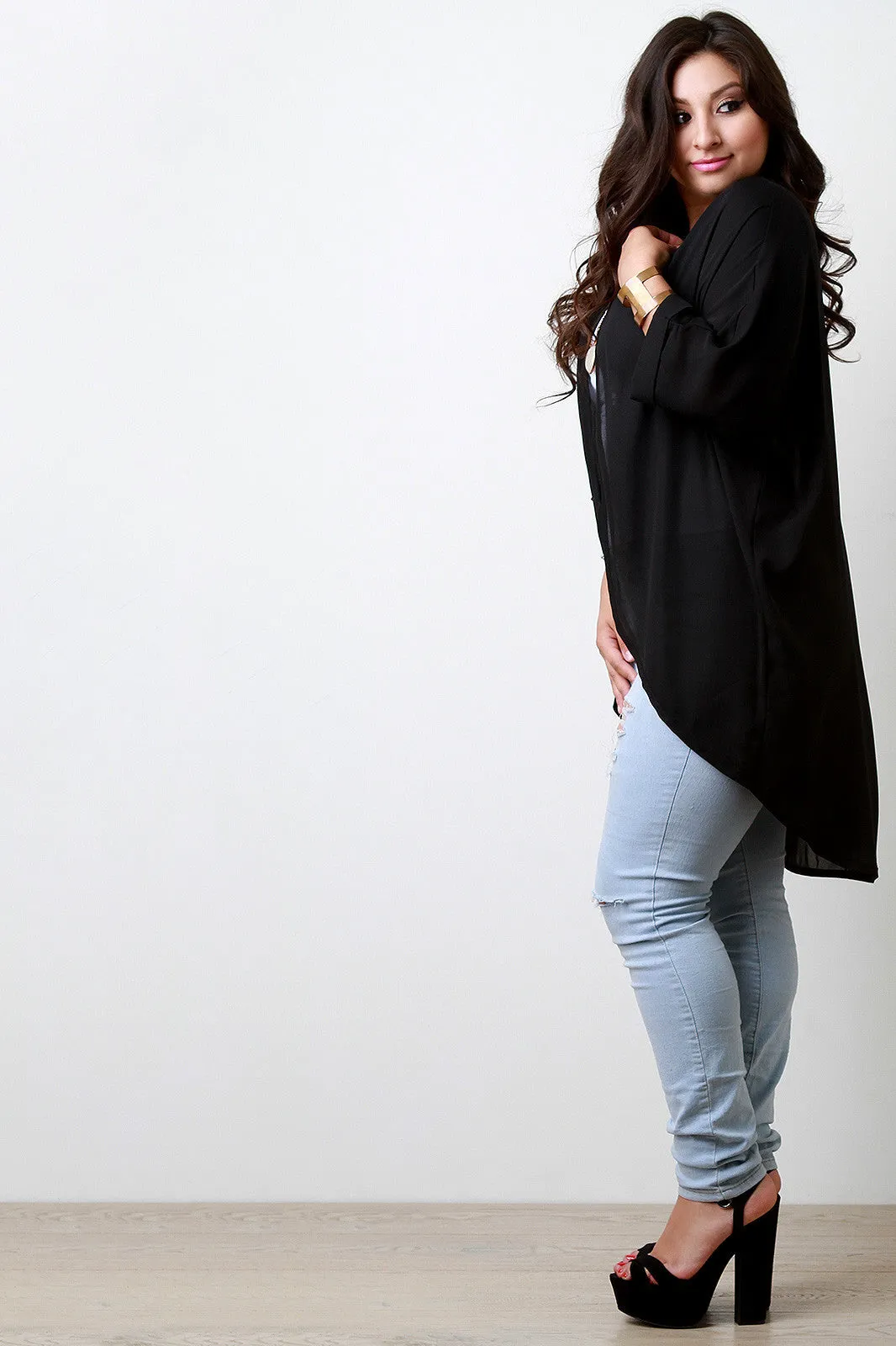 Chiffon High Low Open Front Cardigan