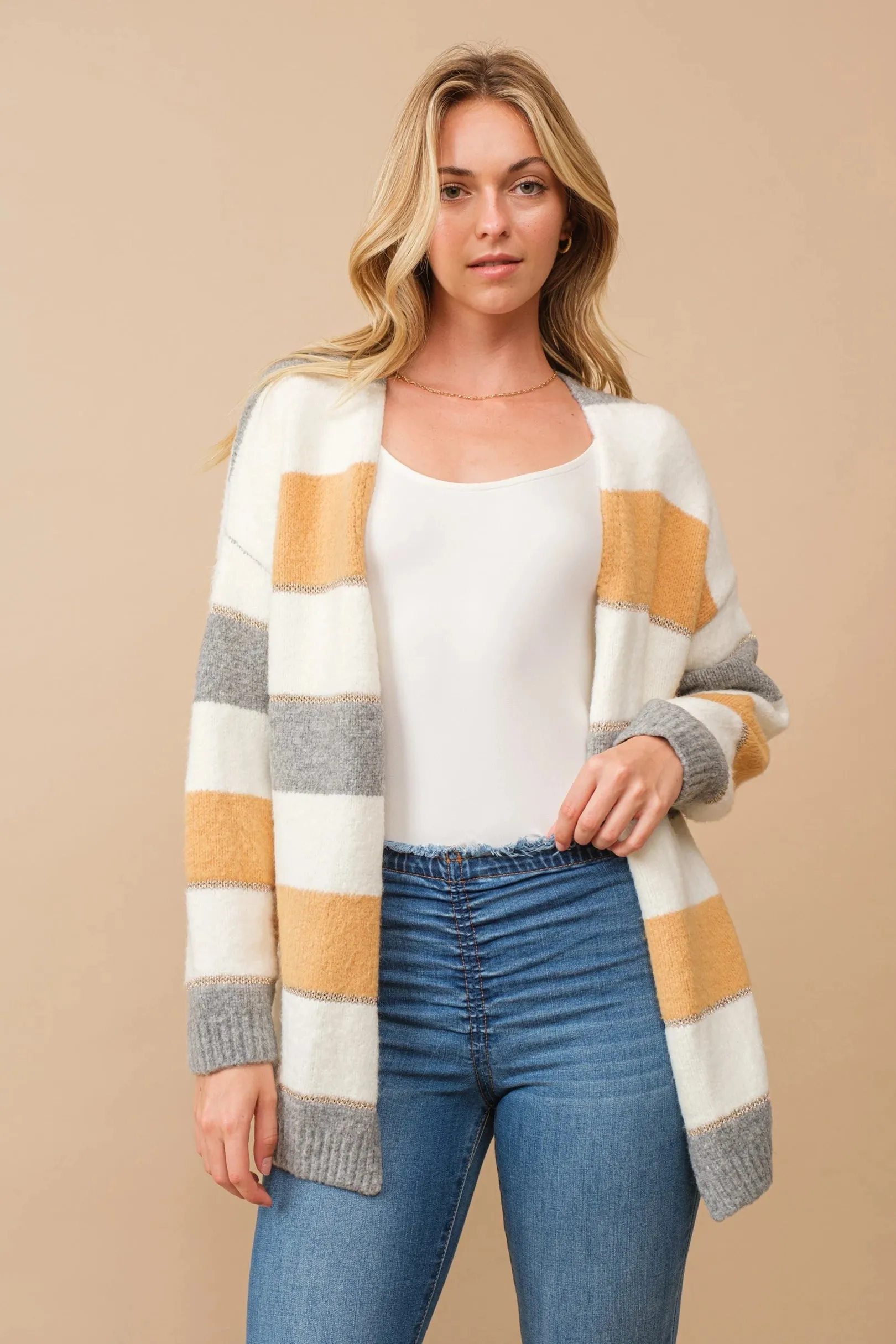 Color block open cardigan with lurex accent stripes