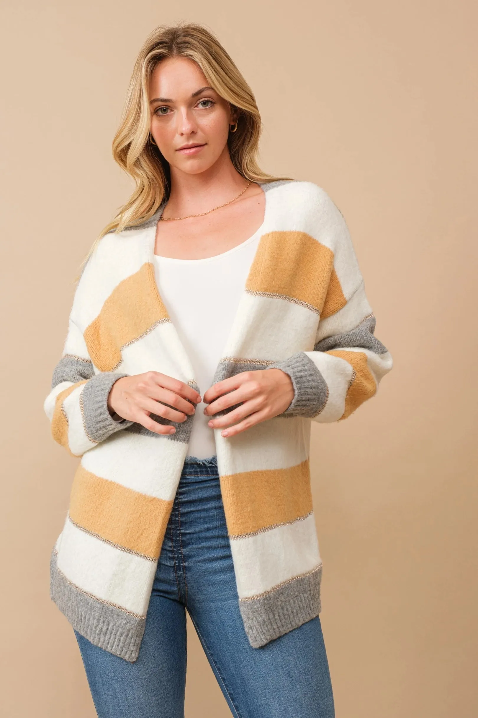 Color block open cardigan with lurex accent stripes